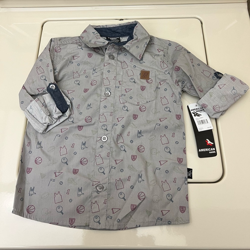 American Hawk Boys Gray Sports Theme Button Up Shirt size 4T NWT